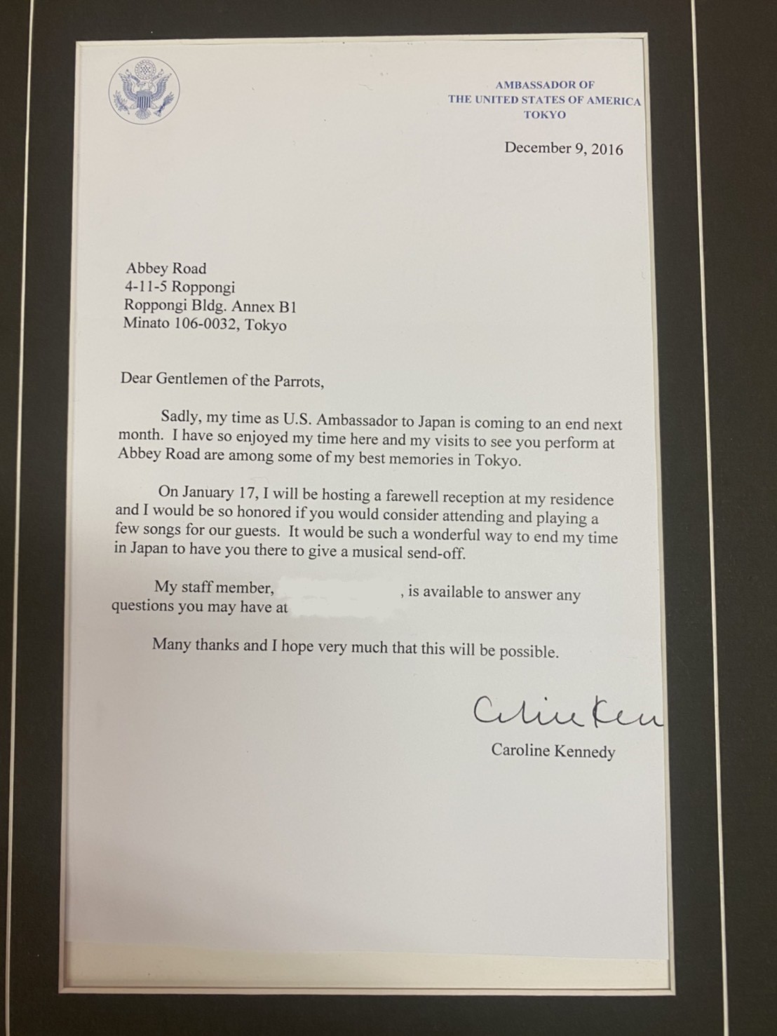 Letter from Caroline Kennedy